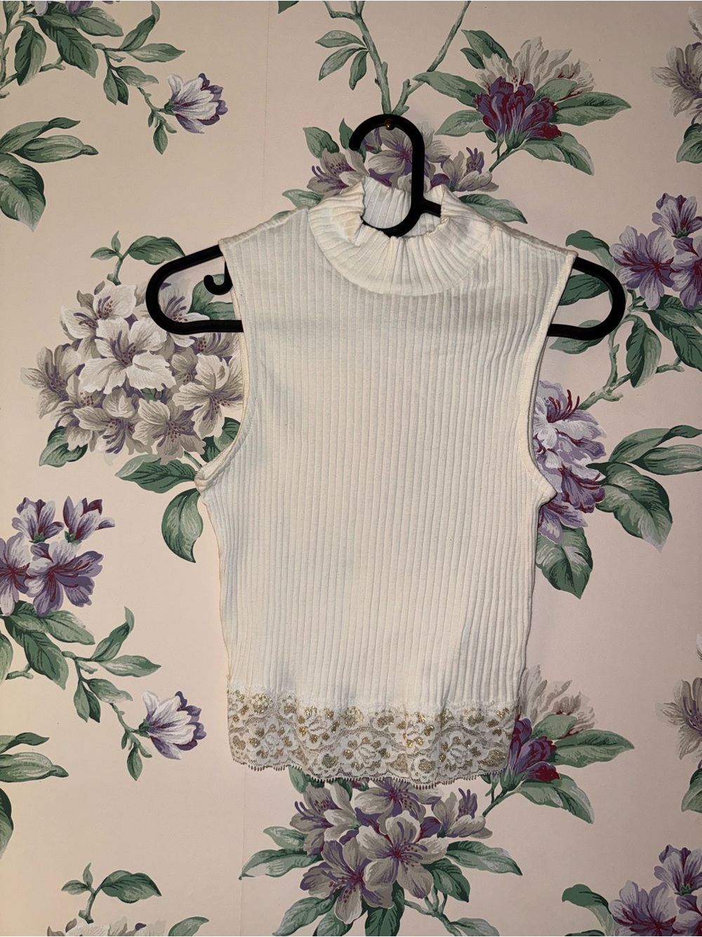 Perry + Co. Sleeveless Mock Neck Ribbed Tank with Lace Hem - White